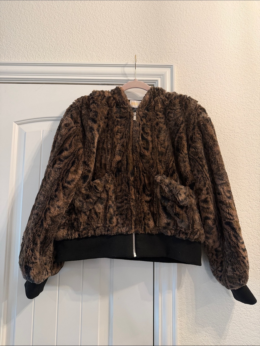 Beach Riot Brown Leopard Faux Fur Bomber Jacket, Sz S